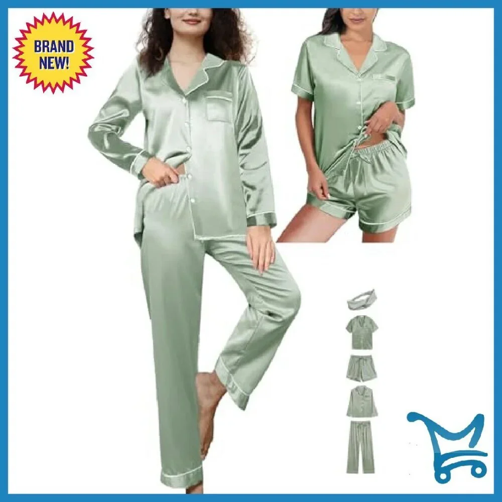 Women's 5-Piece Satin Pajama Set with Headband, XS-2XL